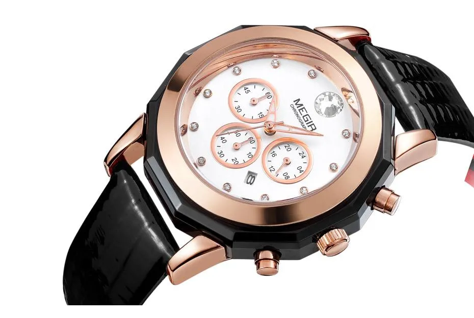 Women's Chronograph Red Leather Strap Quartz Watches with Luminous Hands