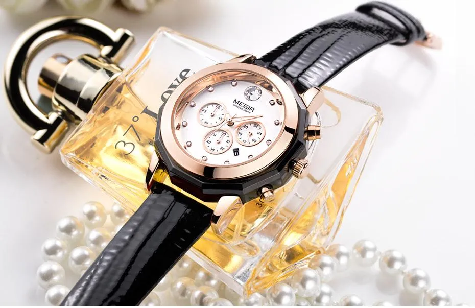 Women's Chronograph Red Leather Strap Quartz Watches with Luminous Hands