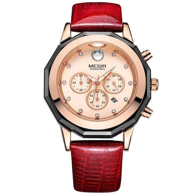 Women's Chronograph Red Leather Strap Quartz Watches with Luminous Hands