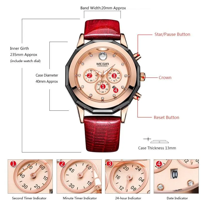 Women's Chronograph Red Leather Strap Quartz Watches with Luminous Hands