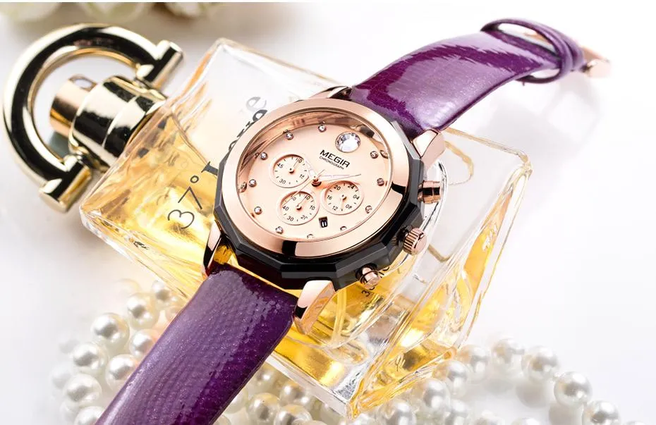 Women's Chronograph Red Leather Strap Quartz Watches with Luminous Hands