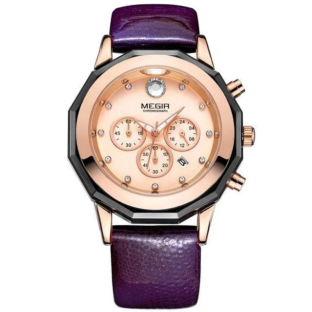 Women's Chronograph Red Leather Strap Quartz Watches with Luminous Hands