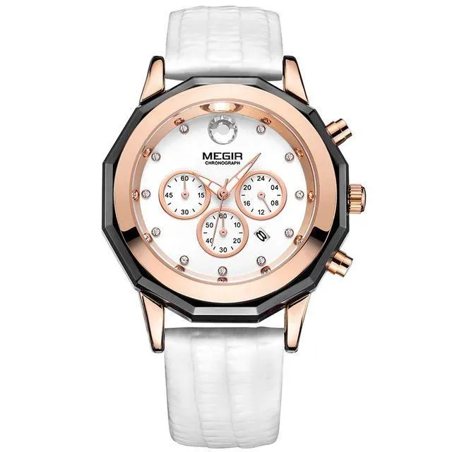Women's Chronograph Red Leather Strap Quartz Watches with Luminous Hands