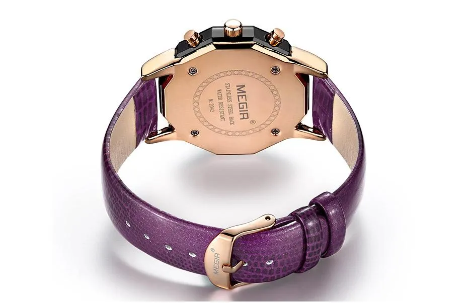 Women's Chronograph Red Leather Strap Quartz Watches with Luminous Hands
