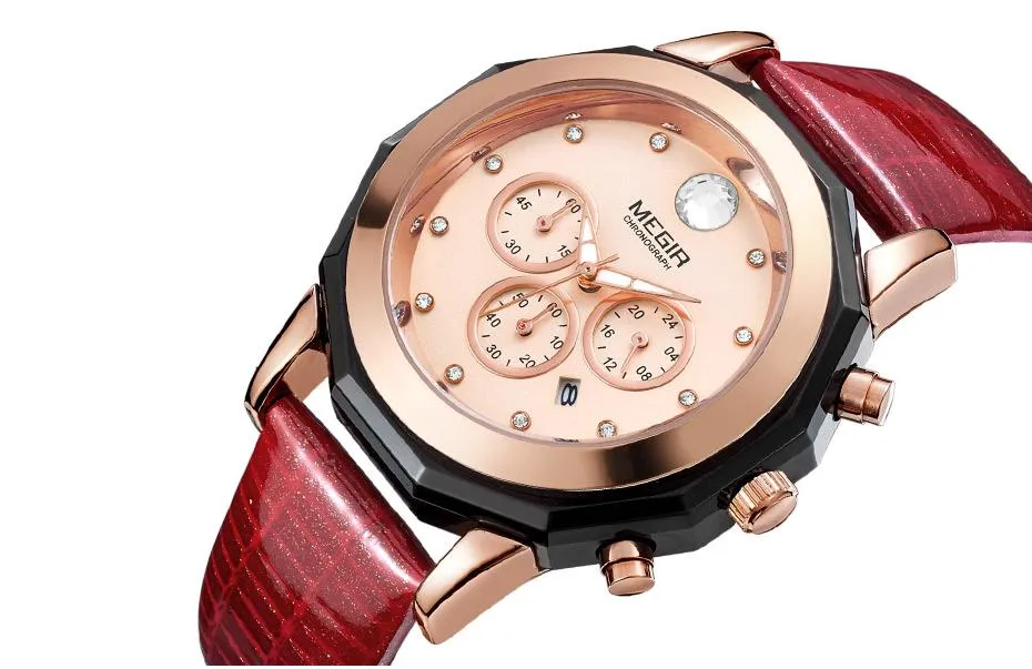 Women's Chronograph Red Leather Strap Quartz Watches with Luminous Hands