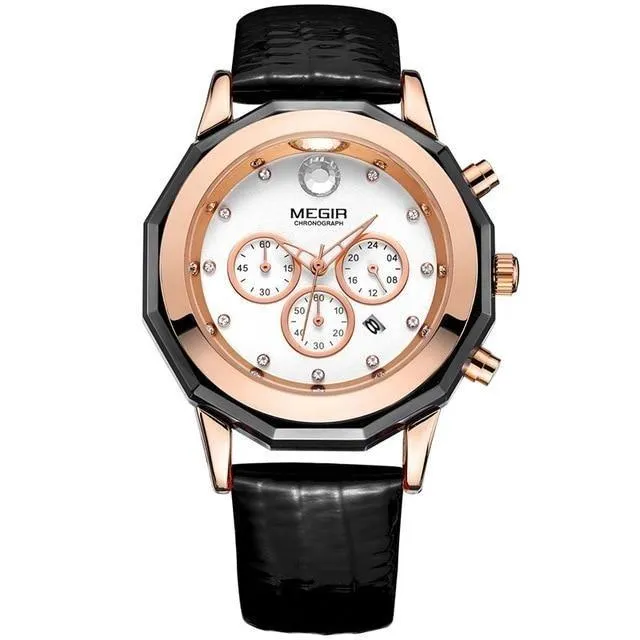 Women's Chronograph Red Leather Strap Quartz Watches with Luminous Hands
