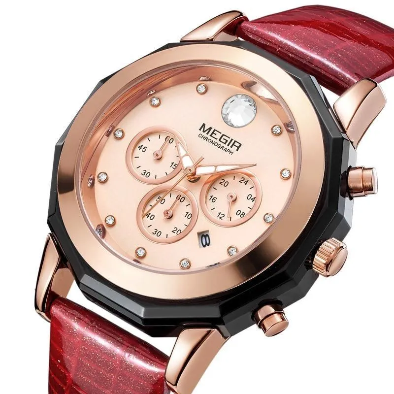 Women's Chronograph Red Leather Strap Quartz Watches with Luminous Hands