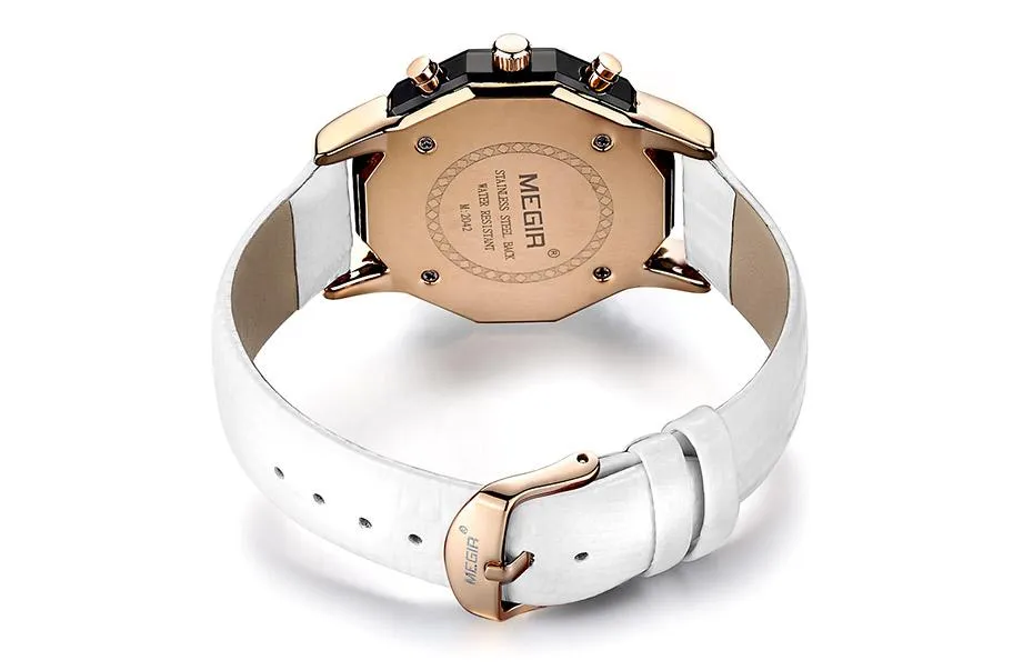 Women's Chronograph Red Leather Strap Quartz Watches with Luminous Hands