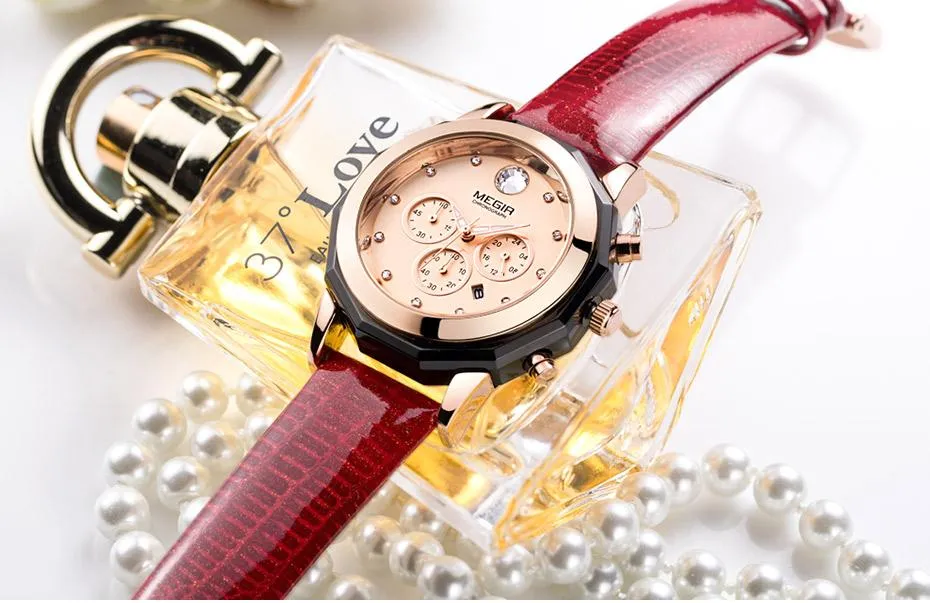 Women's Chronograph Red Leather Strap Quartz Watches with Luminous Hands