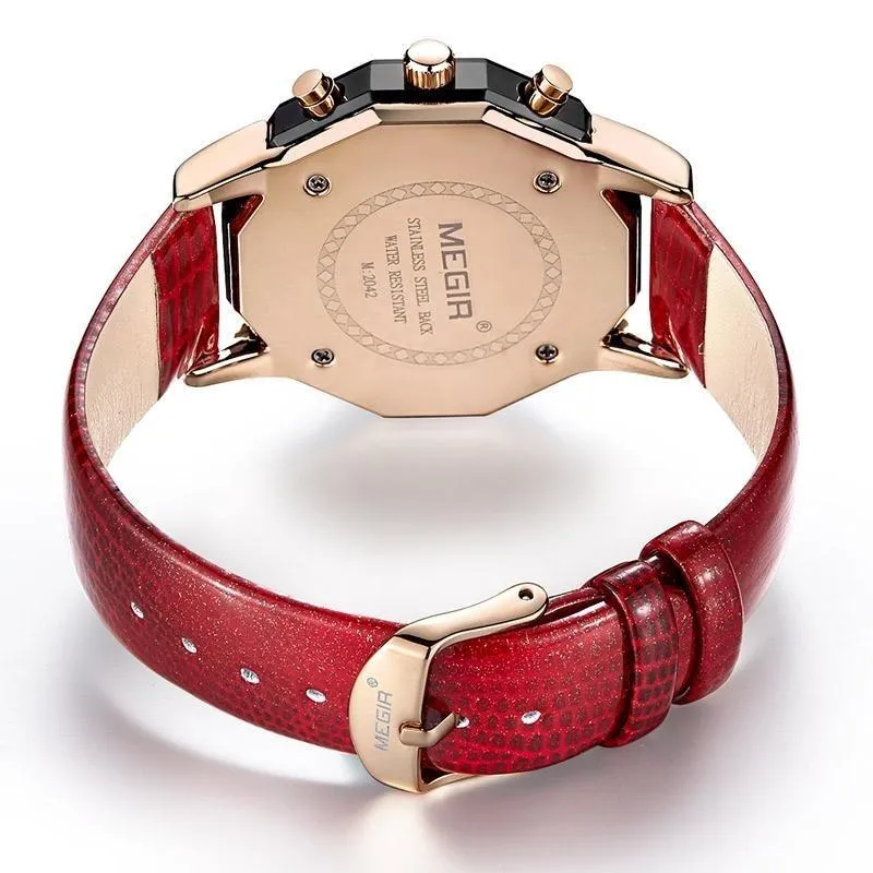 Women's Chronograph Red Leather Strap Quartz Watches with Luminous Hands