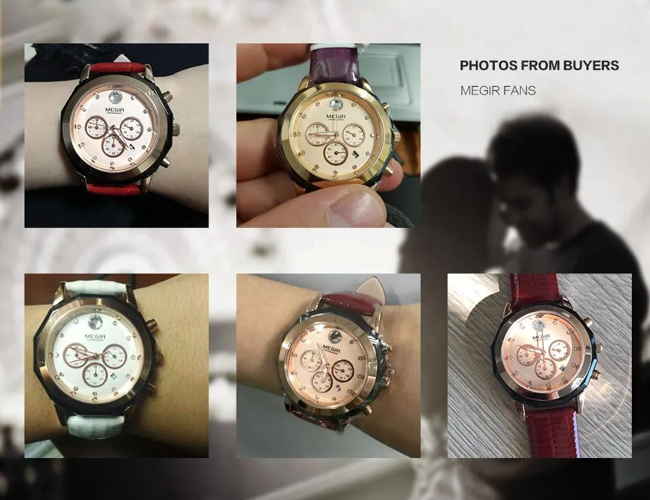 Women's Chronograph Red Leather Strap Quartz Watches with Luminous Hands