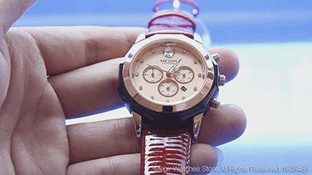 Women's Chronograph Red Leather Strap Quartz Watches with Luminous Hands