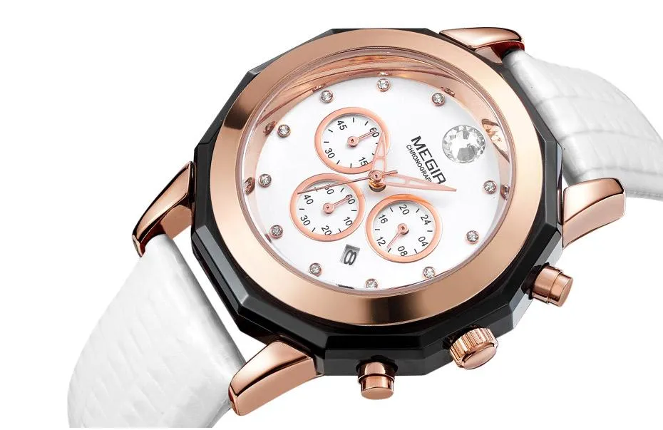 Women's Chronograph Red Leather Strap Quartz Watches with Luminous Hands