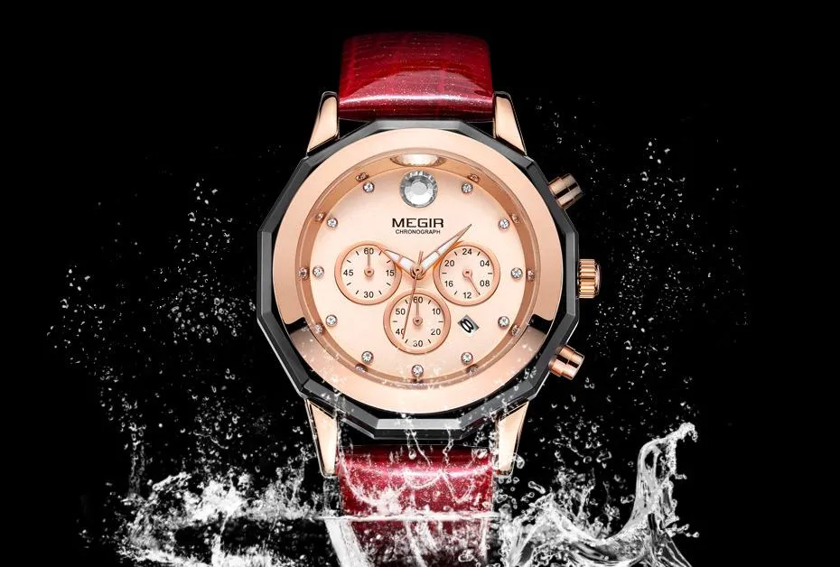 Women's Chronograph Red Leather Strap Quartz Watches with Luminous Hands