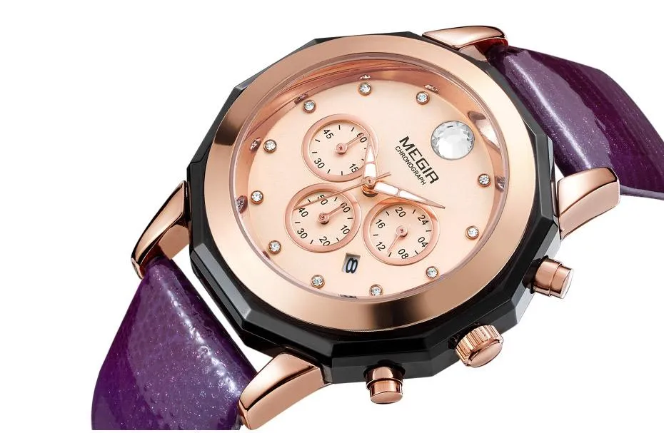 Women's Chronograph Red Leather Strap Quartz Watches with Luminous Hands