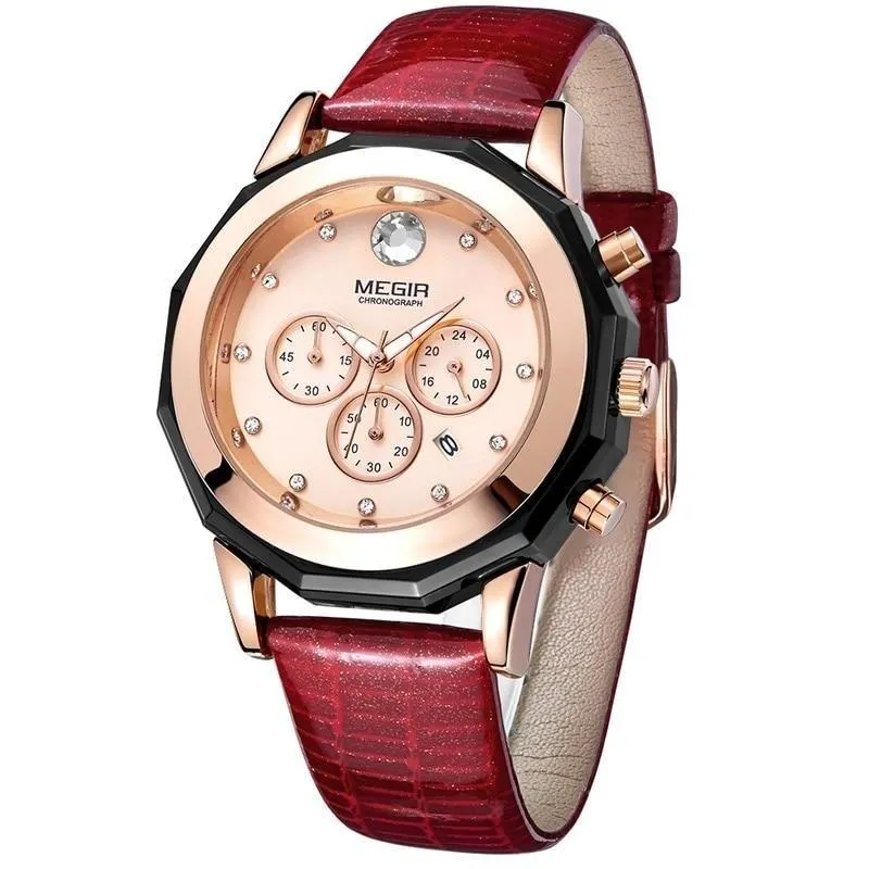 Women's Chronograph Red Leather Strap Quartz Watches with Luminous Hands