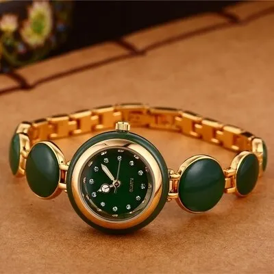 Women's Natural Hetian Jade Stainless Steel Waterproof Wrist Watch